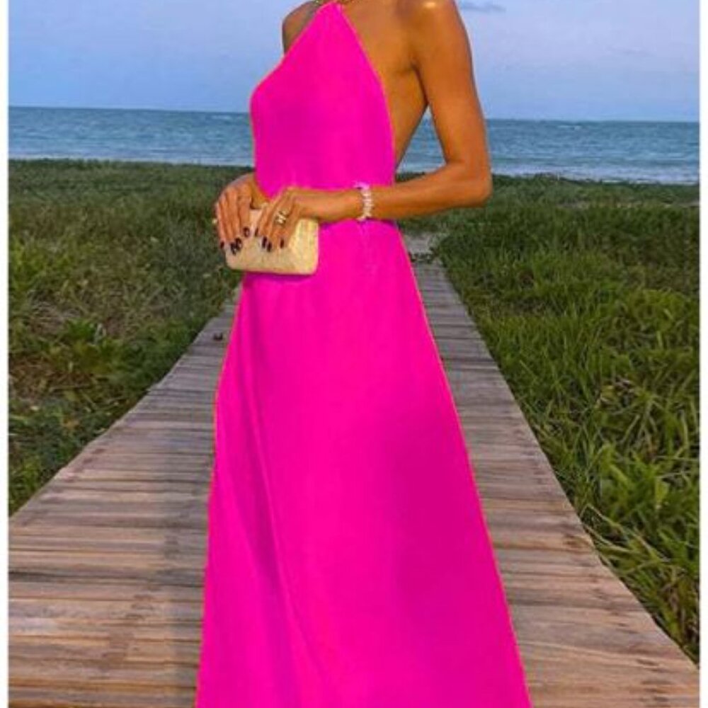 Margovil Chain Halter Open Back Maxi Swing Dress